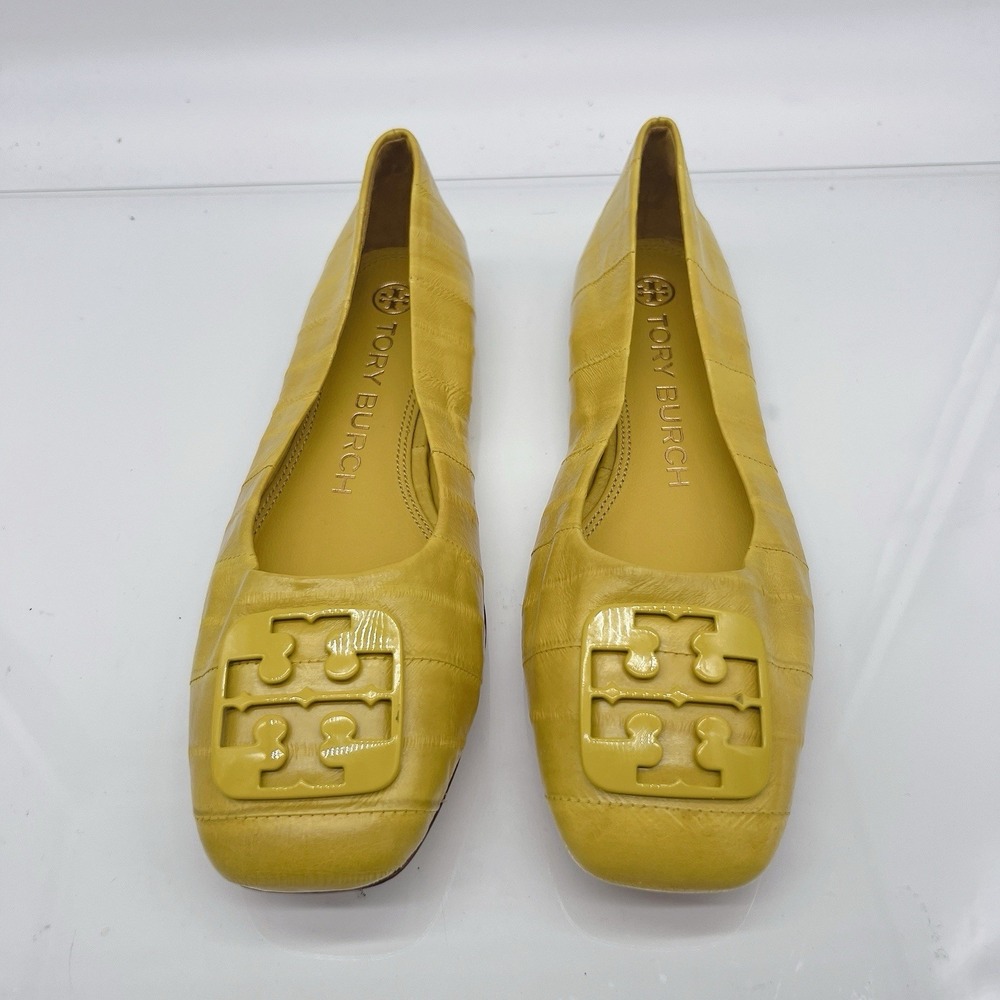 Tory Burch Georgia Women's Ballet Flats Square Toe Logo Yellow Leather US 6.5